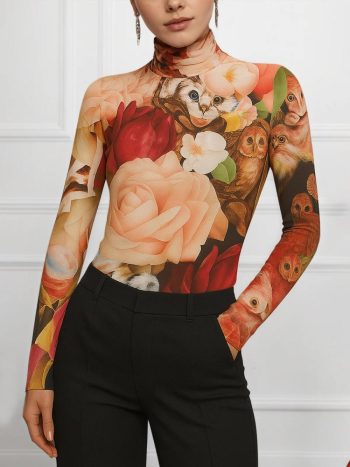 Women Elegant Floral Printing Turtleneck T-Shirt | Tees